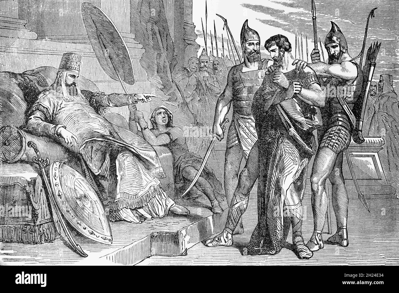 Un'illustrazione di fine XIX secolo del re Sedekia, il ventesimo e ultimo re di Giuda davanti al re Nebucadnetsar II di Babilonia. Sedekia era stato installato come re di Giuda da Nebucadnetsar II, re di Babilonia, dopo un assedio di Gerusalemme nel 597 a.C., fino alla fine del suo regno, quando Nebucadnetsar riuscì a catturare Gerusalemme. Sedekia e i suoi seguaci tentarono di fuggire, uscendo dalla città, ma furono catturati sulle pianure di Gerico e furono condotti a Ribla, rimanendo prigioniero fino alla morte. Foto Stock