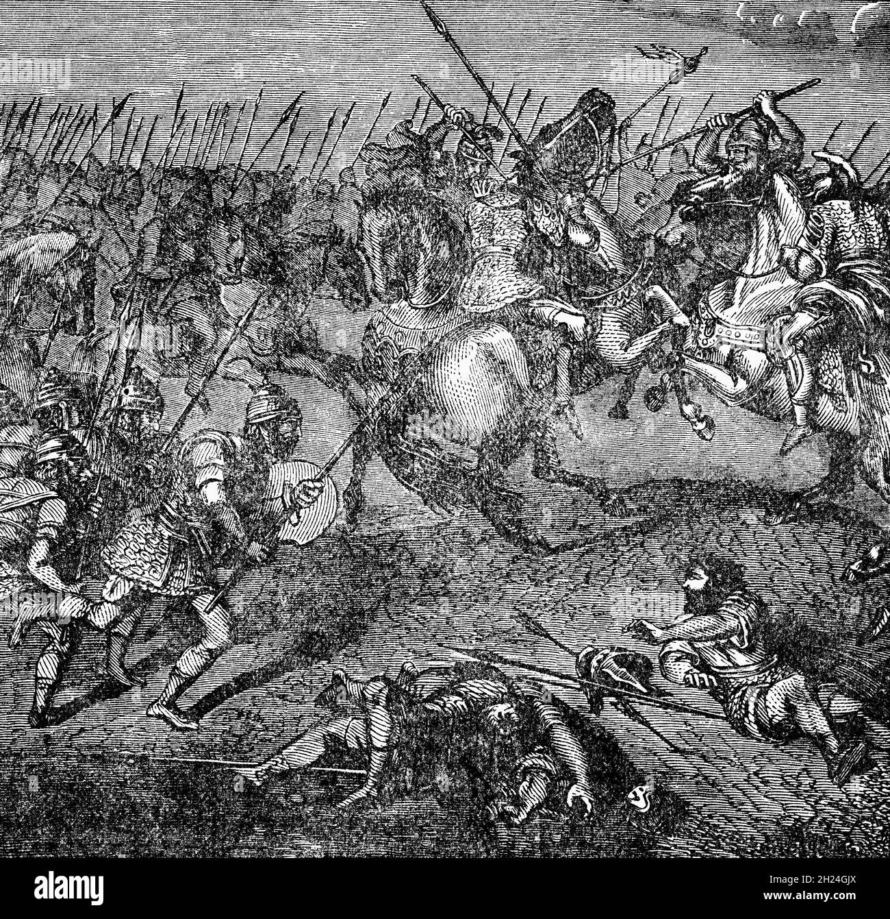 Un'illustrazione del tardo 19 ° secolo della battaglia di Ipso, nel 301 AC, combattuto tra alcuni dei successori di Alessandro il Grande vicino alla città di Ipso in Frigia. Antigonus i Monoftalmus, capo di Frigia, e suo figlio Demetrio i di Macedone furono lanciati contro la coalizione di altri tre successori di Alessandro: Cassander, capo di Macedone; Lisimaco, capo di Tracia; e Seleuco i Nicatore, capo di Babilonia e Persia, che vinse la battaglia. Foto Stock