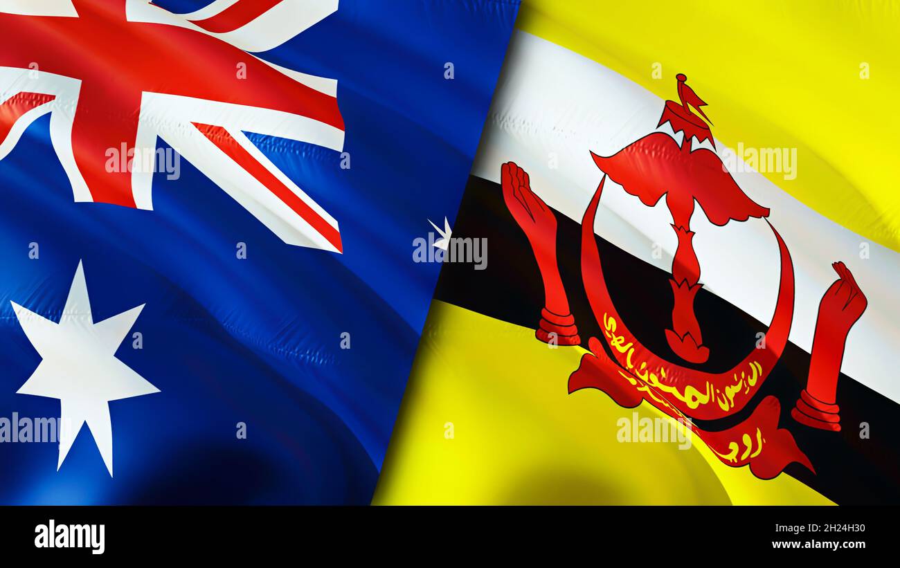 Bandiere di Australia e Brunei. Progettazione di bandiere ondulate 3D. Australia bandiera Brunei, foto, carta da parati. Australia vs. Immagine Brunei,rendering 3D. Australia Brunei Foto Stock