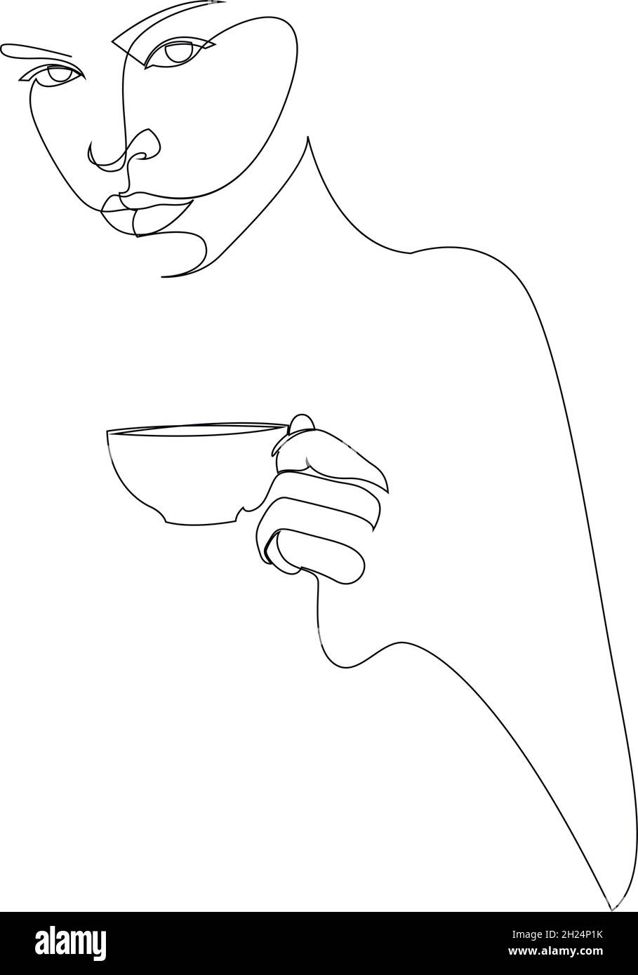 Disegno continuo su una linea. Ritratto astratto primo piano di bella giovane donna con una tazza di tè o caffè. Illustrazione vettoriale Illustrazione Vettoriale
