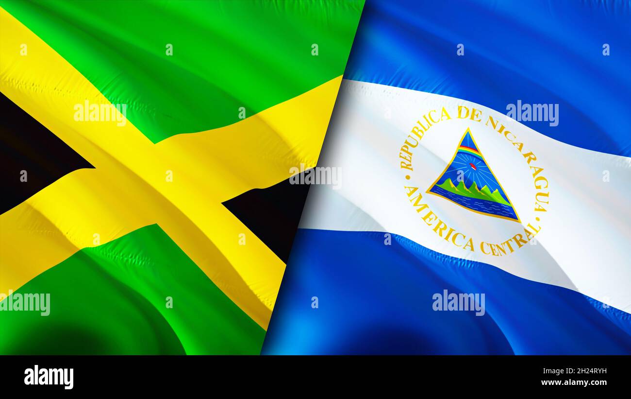 Bandiere della Giamaica e del Nicaragua. Progettazione di bandiere ondulate 3D. Giamaica Nicaragua bandiera, foto, carta da parati. Immagine Giamaica vs Nicaragua, rendering 3D. Giamaica Nicar Foto Stock