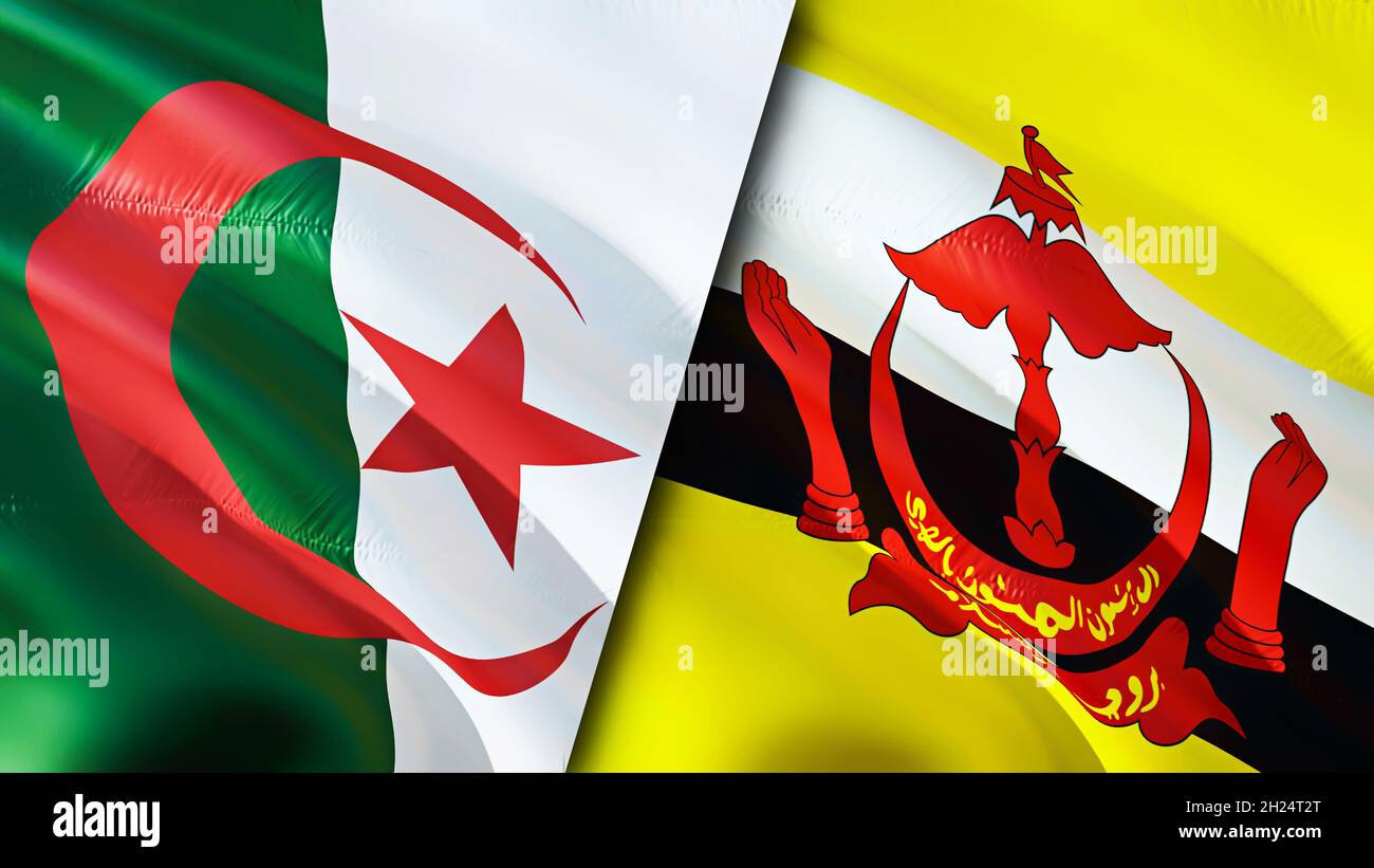 Bandiera Algeria vs bandiera Brunei sfondo. Bandiera mista Algeria e Brunei. Crisi tra Algeria e Brunei incontro internazionale o concetto di negoziati Foto Stock