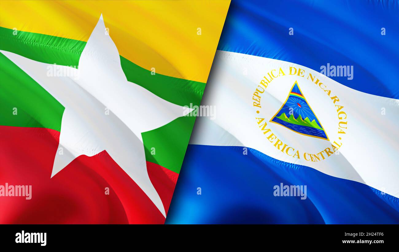 Bandiere di Myanmar e Nicaragua. Progettazione di bandiere ondulate 3D. Nicaragua bandiera Myanmar, foto, carta da parati. Immagine Myanmar vs Nicaragua, rendering 3D. Myanmar Nicar Foto Stock