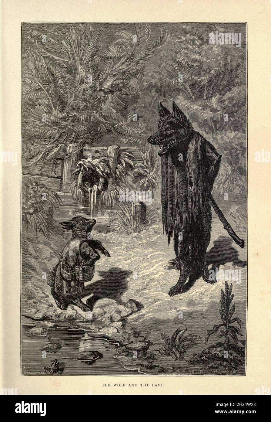 Il lupo e l'agnello dalle favole di Aesop illustrate da Joseph Benjamin Rundell, e pubblicate a Londra e New York da Cassell Petter e Galpin nel 1869 Foto Stock