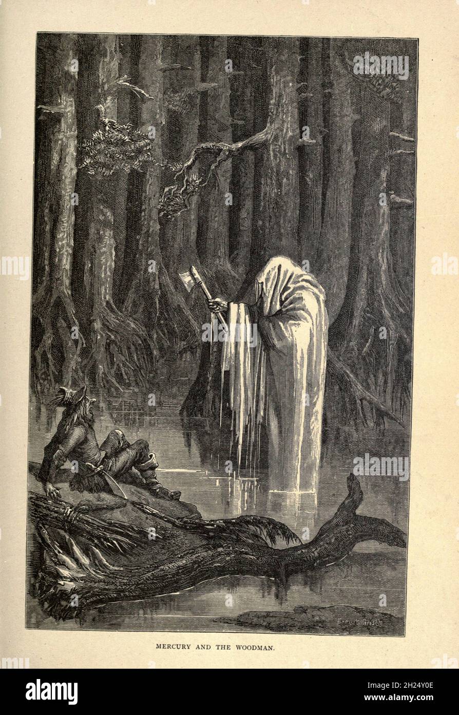 Mercury e The Woodman dalle favole di Aesop illustrate da Joseph Benjamin Rundell, e pubblicate a Londra e New York da Cassell Petter e Galpin nel 1869 Foto Stock