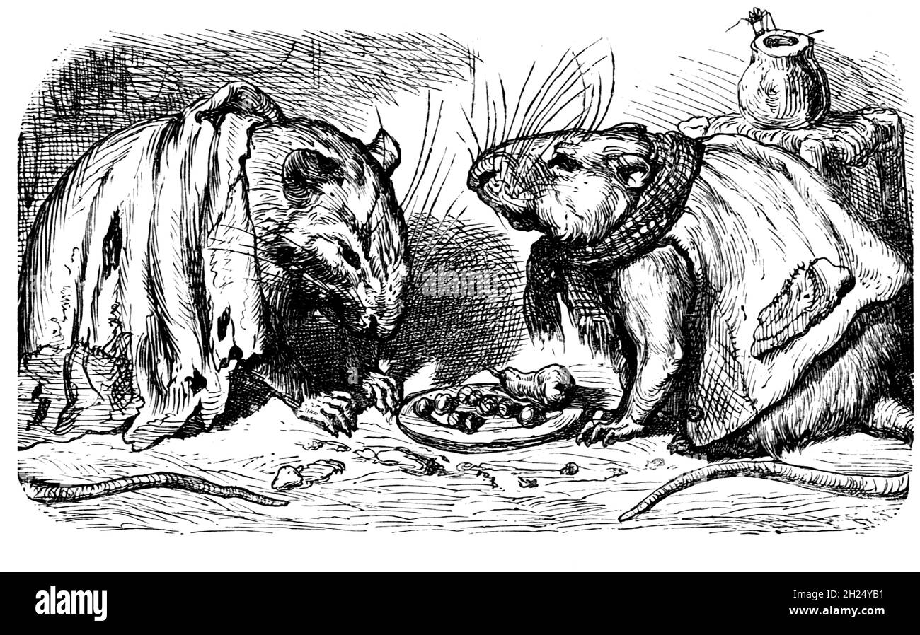 The Town mouse e The City mouse dalle favole di Aesop illustrate da Joseph Benjamin Rundell, e pubblicate a Londra e New York da Cassell Petter e Galpin nel 1869 Foto Stock