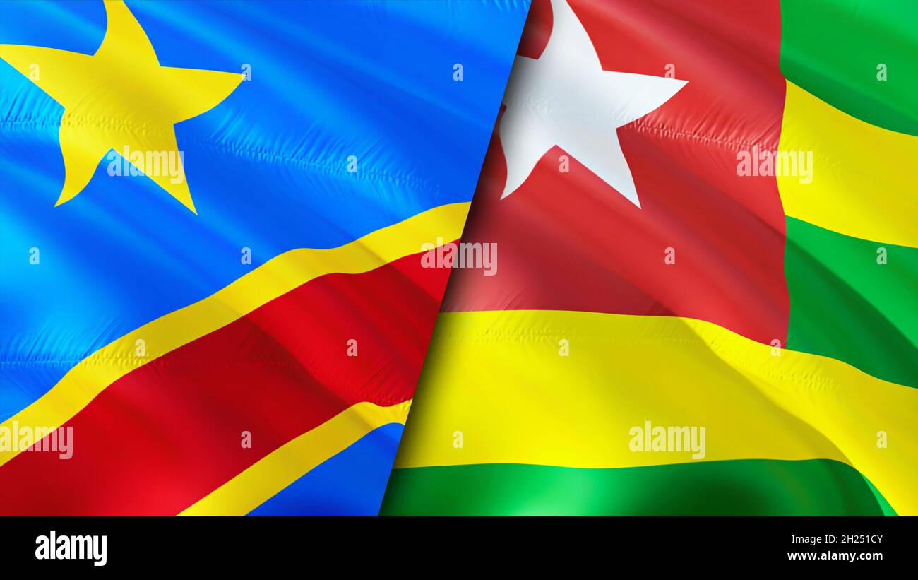 Bandiere della Repubblica Democratica del Congo e del Togo. Progettazione di bandiere ondulate 3D. Togo DR Congo bandiera, foto, sfondo. Immagine DR Congo vs Togo, rendering 3D. Repubblica Democratica del Congo Togo Relazioni a Foto Stock