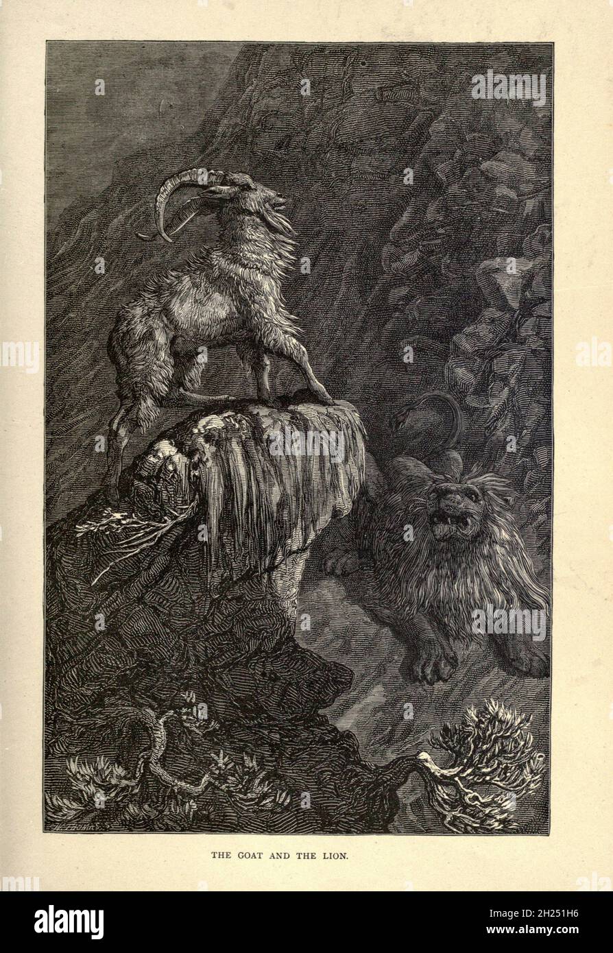 Il capro e il leone dalle favole di Aesop illustrate da Joseph Benjamin Rundell, e pubblicate a Londra e New York da Cassell Petter e Galpin nel 1869 Foto Stock