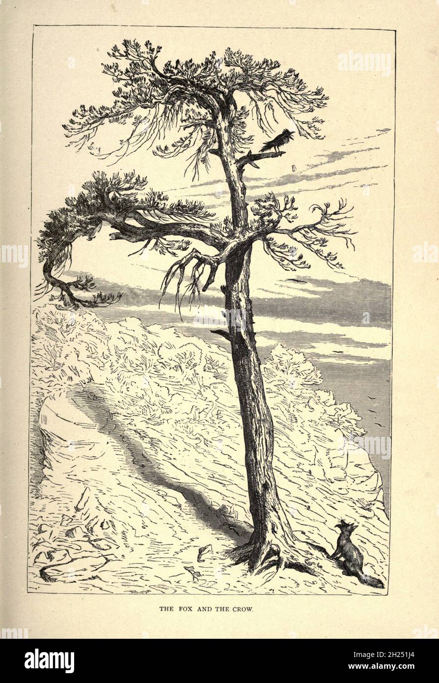 The Fox and the Crow dalle favole di Aesop illustrate da Joseph Benjamin Rundell, e pubblicate a Londra e New York da Cassell Petter and Galpin nel 1869 Foto Stock