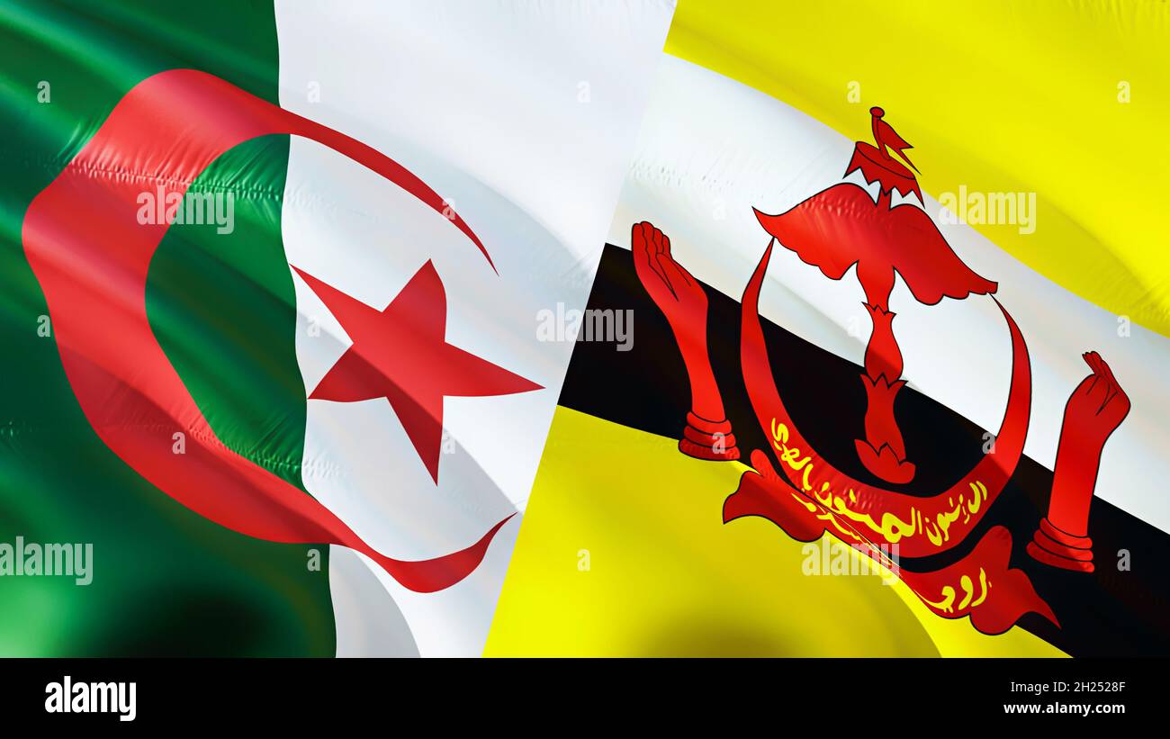 Bandiere Algeria e Brunei. Progettazione di bandiere ondulate 3D. Algeria bandiera Brunei, foto, carta da parati. Immagine Algeria vs Brunei,rendering 3D. Algeria Brunei relatio Foto Stock