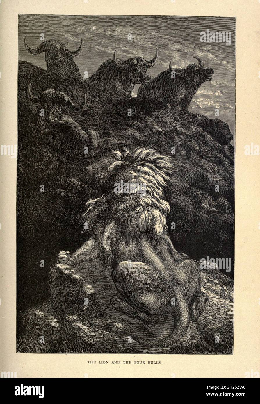 The Lion and the Four Bulls from Aesop's Fables illustrato da Joseph Benjamin Rundell, e pubblicato a Londra e New York da Cassell Petter and Galpin nel 1869 Foto Stock