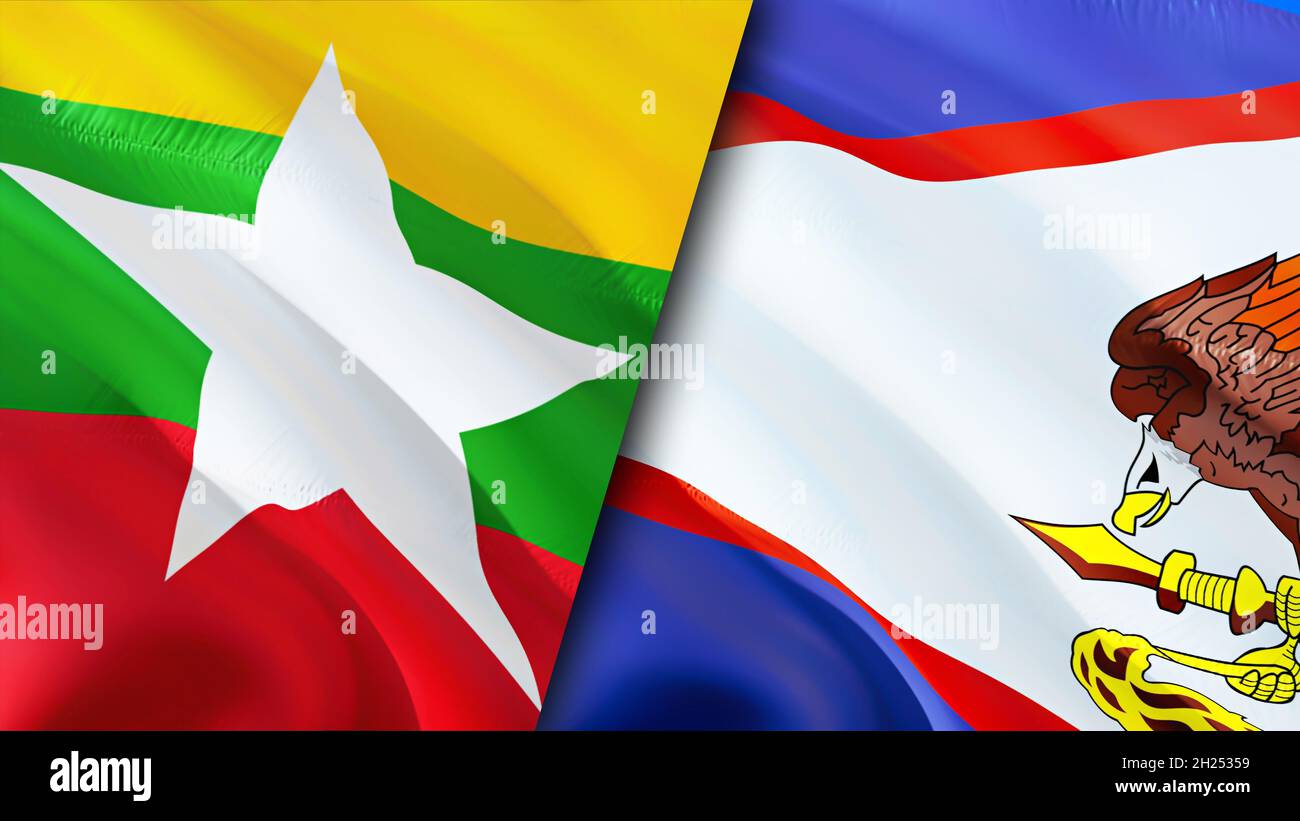 Bandiere di Myanmar e Samoa americane. Progettazione di bandiere ondulate 3D. American Samoa Myanmar bandiera, foto, carta da parati. Immagine Myanmar vs Samoa Americane, rendering 3D Foto Stock