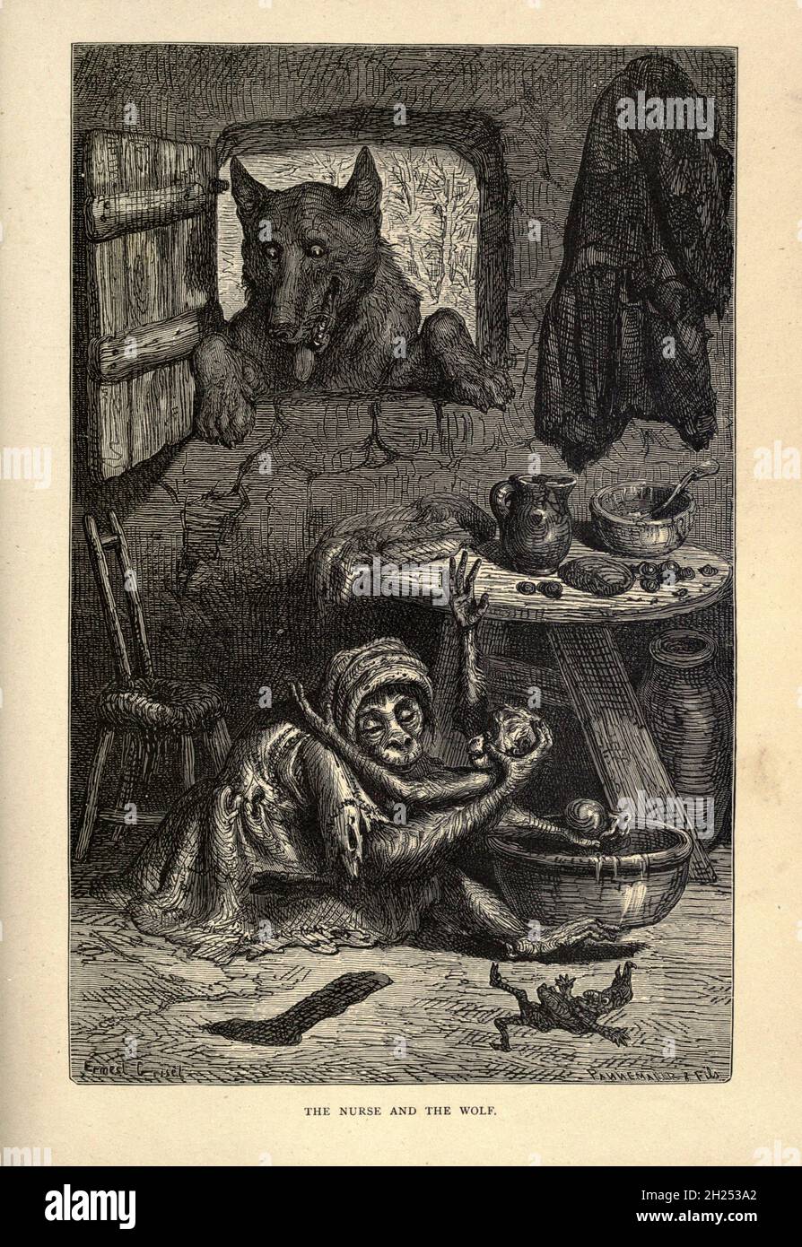 The Nurse and the Wolf from Aesop's favles illustrato da Joseph Benjamin Rundell, e pubblicato a Londra e New York da Cassell Petter and Galpin nel 1869 Foto Stock