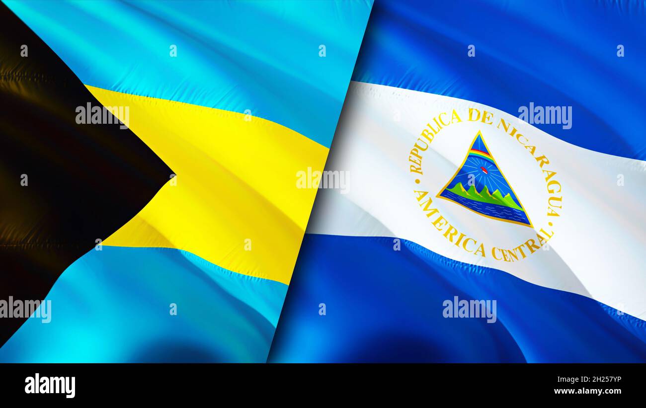 Bandiere delle Bahamas e del Nicaragua. Progettazione di bandiere ondulate 3D. Bahamas Nicaragua bandiera, foto, carta da parati. Immagine Bahamas vs Nicaragua, rendering 3D. Bahamas Nicar Foto Stock