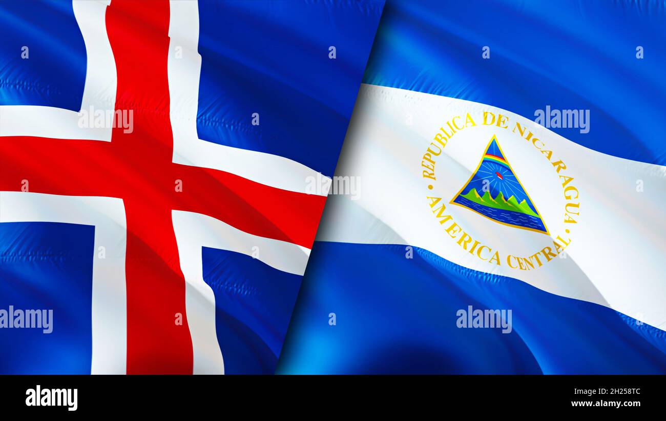Bandiere dell'Islanda e del Nicaragua. Progettazione di bandiere ondulate 3D. Nicaragua bandiera Islanda, foto, carta da parati. Immagine Islanda vs Nicaragua, rendering 3D. Islanda Nicar Foto Stock