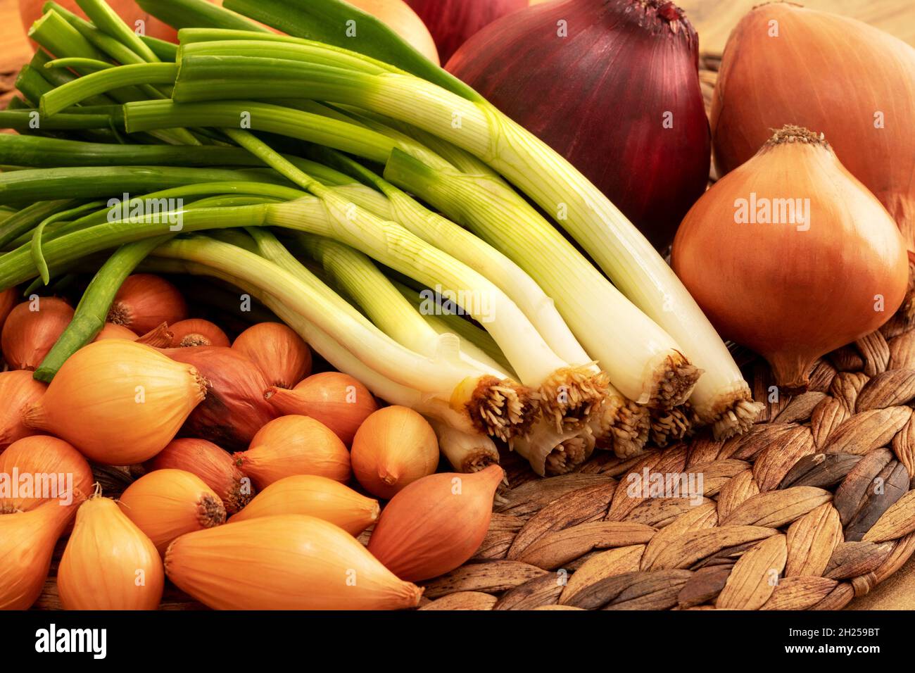 Foto da vicino con cipolle secche e fresche. Foto Stock