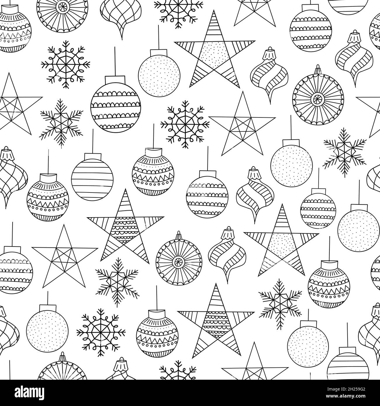 Ornamenti di Natale colorazione modello. Sfondo vettoriale senza cuciture palline di Natale in bianco e nero, fiocchi di neve disegnate a mano. Modello per colorazione Illustrazione Vettoriale