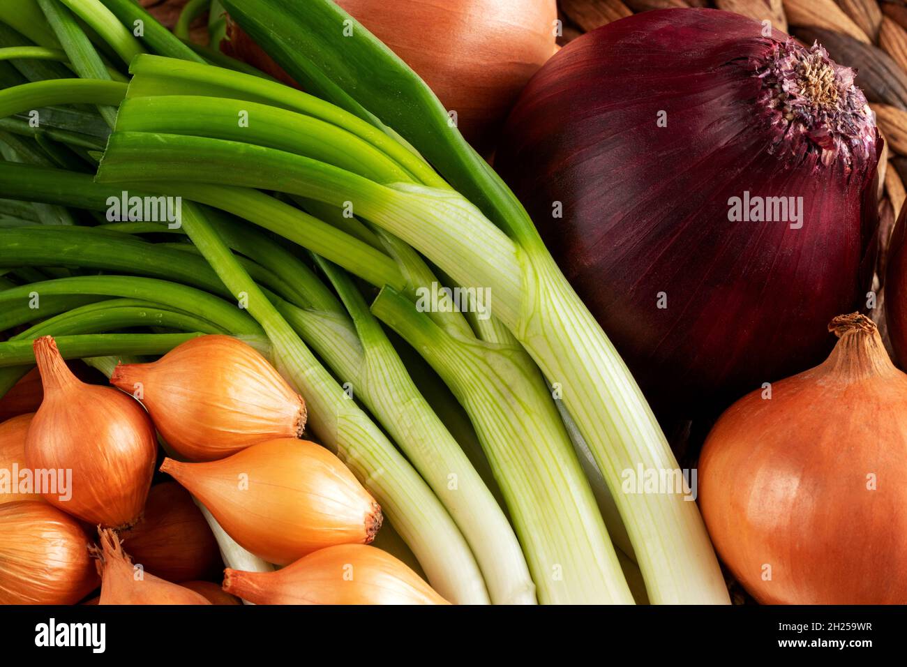 Foto da vicino con cipolle secche e fresche. Foto Stock