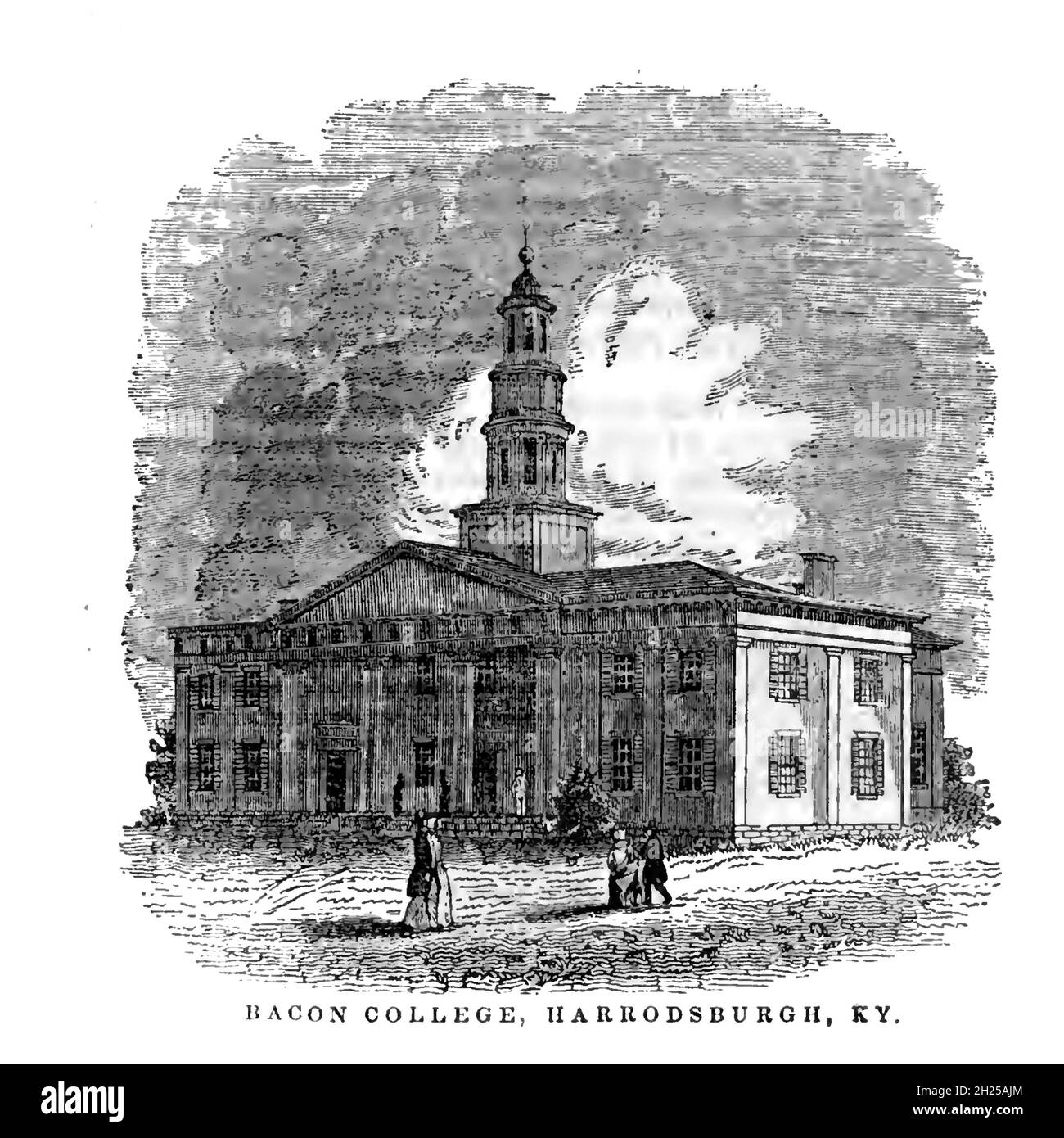 Bacon College, Harrodsburg KY dal libro ' Historical Sketches of Kentucky (1847) ' LA SUA STORIA, ANTICHITÀ, E CURIOSITÀ NATURALI, GEOGRAFICHE, STATISTICHE, E DESCRIZIONI GEOLOGICHE. CON ANEDDOTI DI PIONEER LIFE di Lewis Collins. Pubblicato da Lewis Collins, Maysville, KY. E J. A. & U. P. James Cincinnati. Nel 1847 Foto Stock