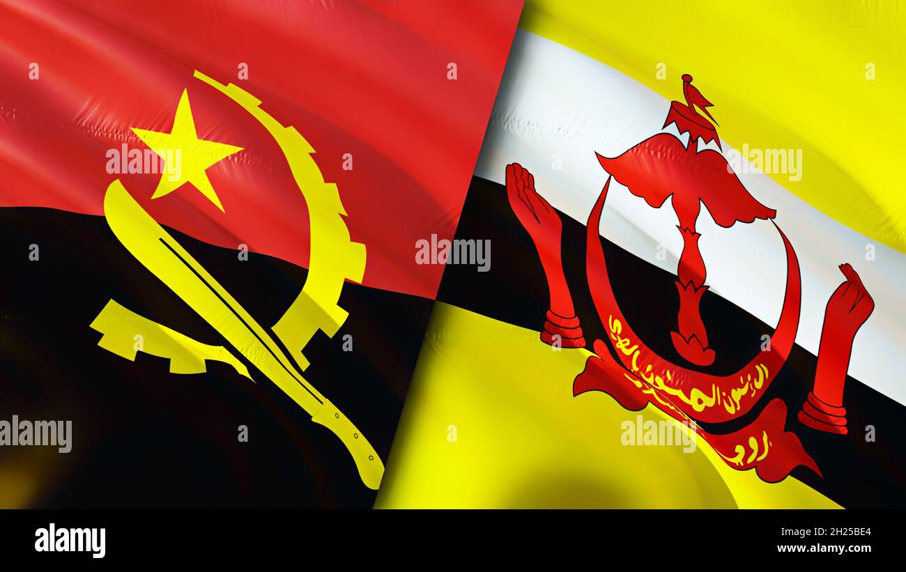 Bandiere Angola e Brunei. Progettazione di bandiere ondulate 3D. Bandiera dell'Angola Brunei, foto, carta da parati. Immagine Angola vs Brunei, rendering 3D. Angola Brunei relazioni w Foto Stock