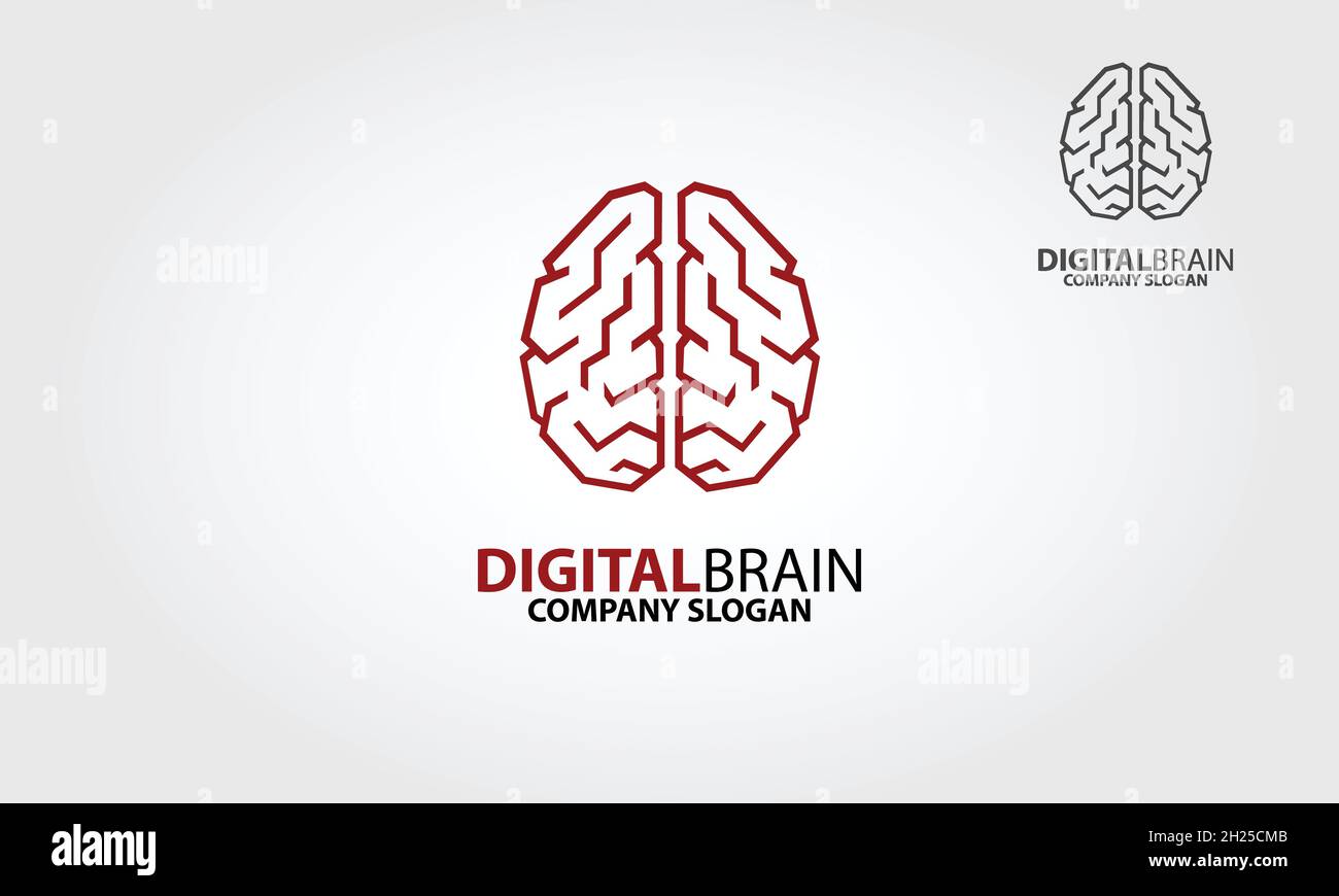 Modello di logo Digital Brain Vector. Un logo moderno che presenta un cervello umano fatto da linee. Digital Brain logo è un marchio professionale pulito ed elegante. Illustrazione Vettoriale