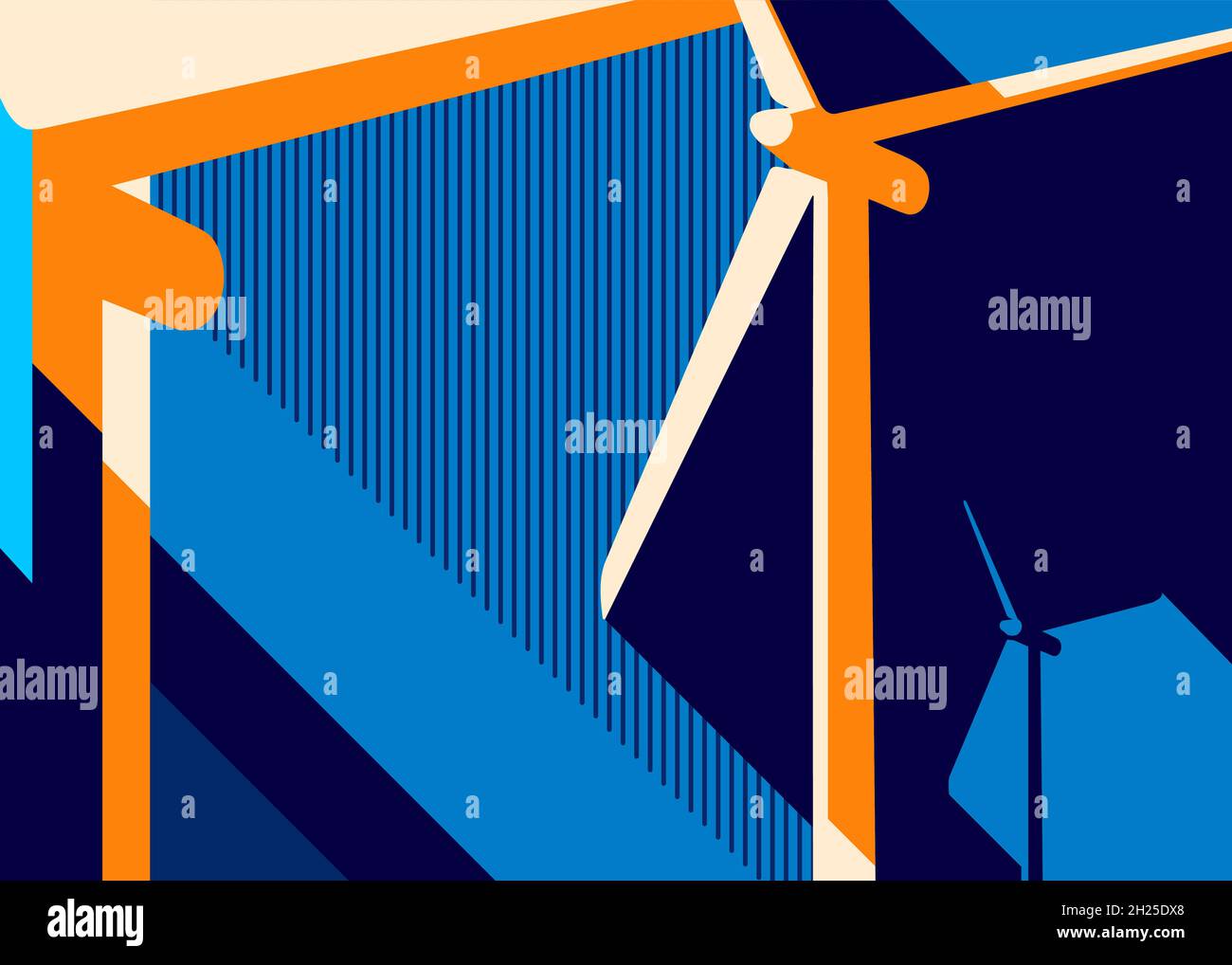 Banner con impianto eolico. Design di cartellonistica in stile astratto. Illustrazione Vettoriale