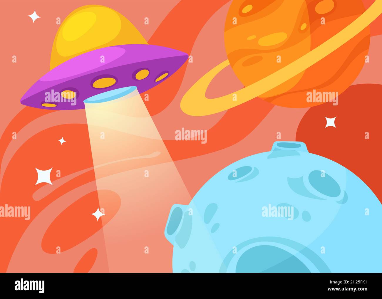 Banner con disco volante e pianeti. Design cartellone in stile cartoon. Illustrazione Vettoriale