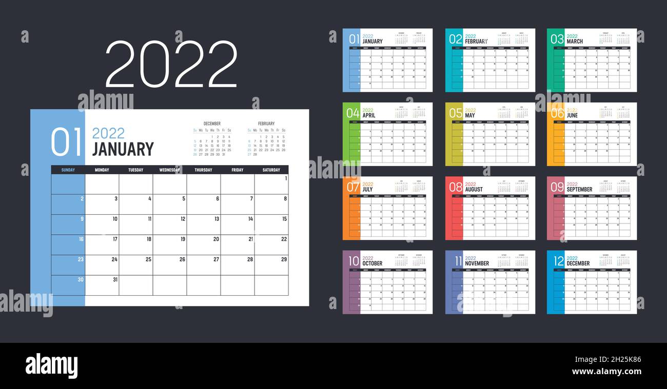 Calendario mensile della scrivania dell'anno 2022. La settimana inizia domenica. Modello vettoriale. Illustrazione Vettoriale