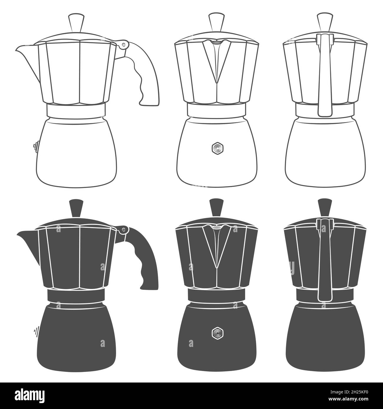 Set di illustrazioni in bianco e nero di macchine da caffè geyser. Oggetti vettoriali isolati su sfondo bianco. Illustrazione Vettoriale