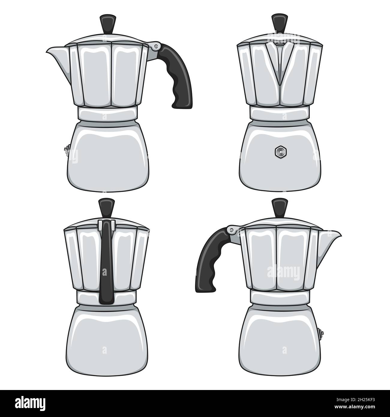 Set di illustrazioni a colori delle macchine da caffè geyser. Oggetti vettoriali isolati su sfondo bianco. Illustrazione Vettoriale