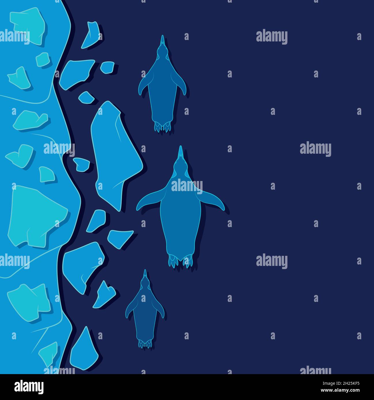 Illustrazione con pinguini galleggianti e galleggianti di ghiaccio. Sfondo vettoriale marino. Illustrazione Vettoriale