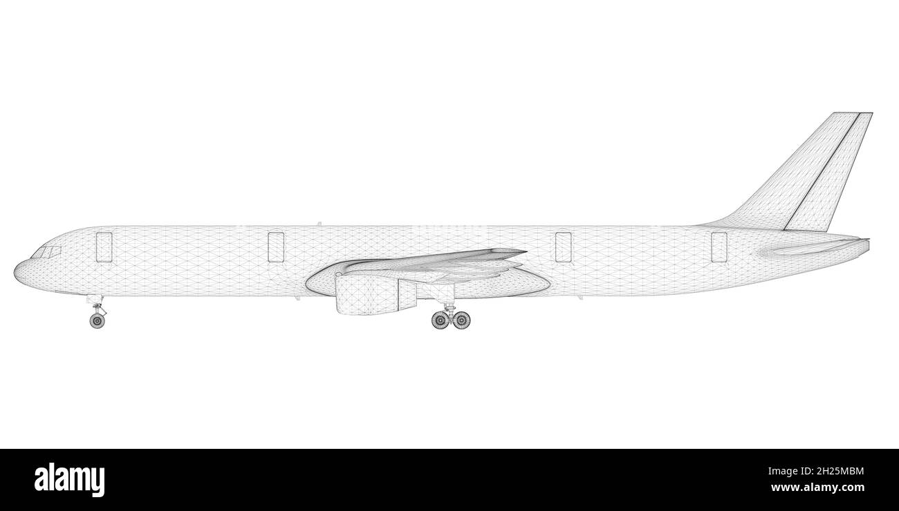 Struttura a reticolo dell'aereo passeggeri isolata su sfondo bianco. Vista laterale. 3D. Illustrazione vettoriale Illustrazione Vettoriale