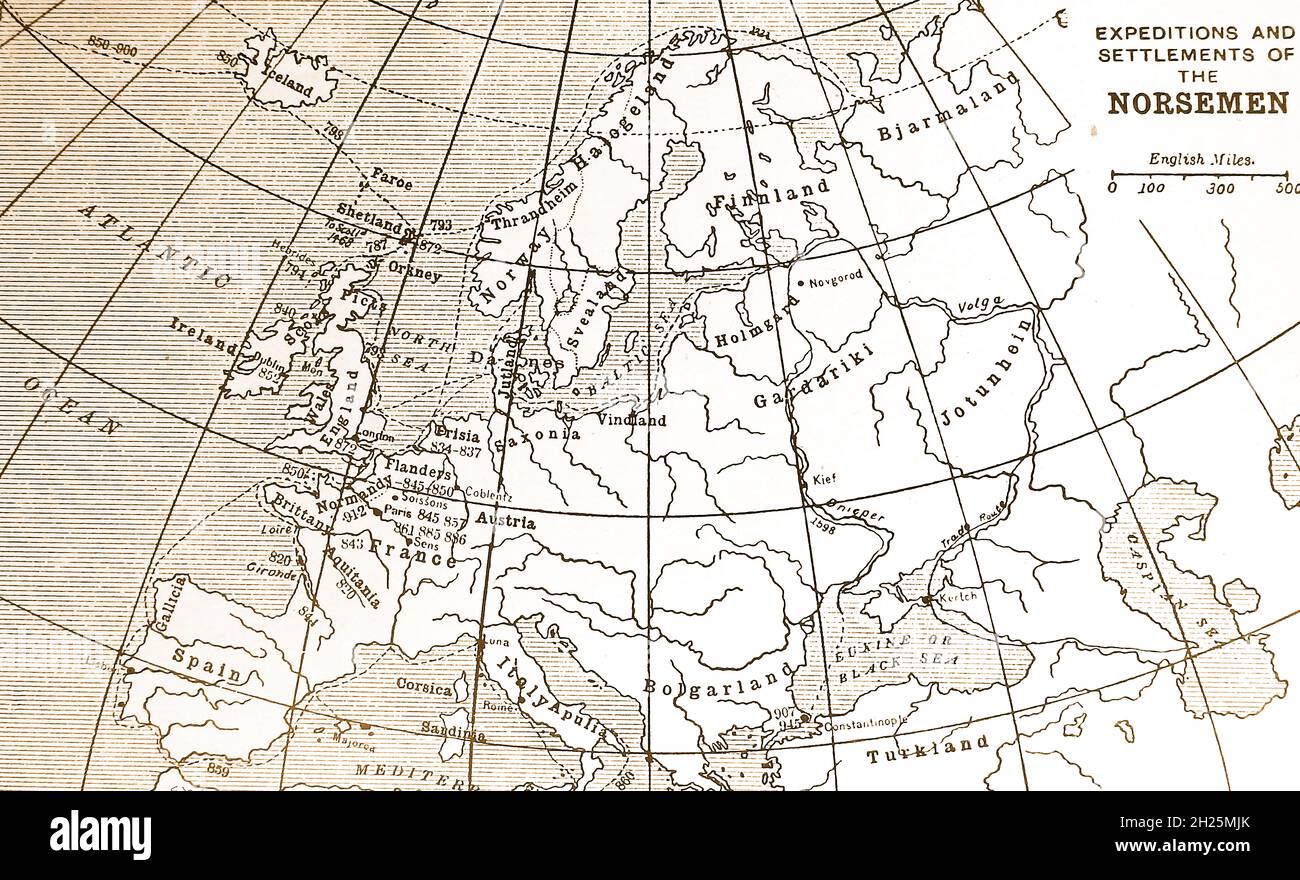 Una mappa del 1908 che mostra le spedizioni e gli insediamenti dei Norsemen (Vichinghi). Con le date Foto Stock