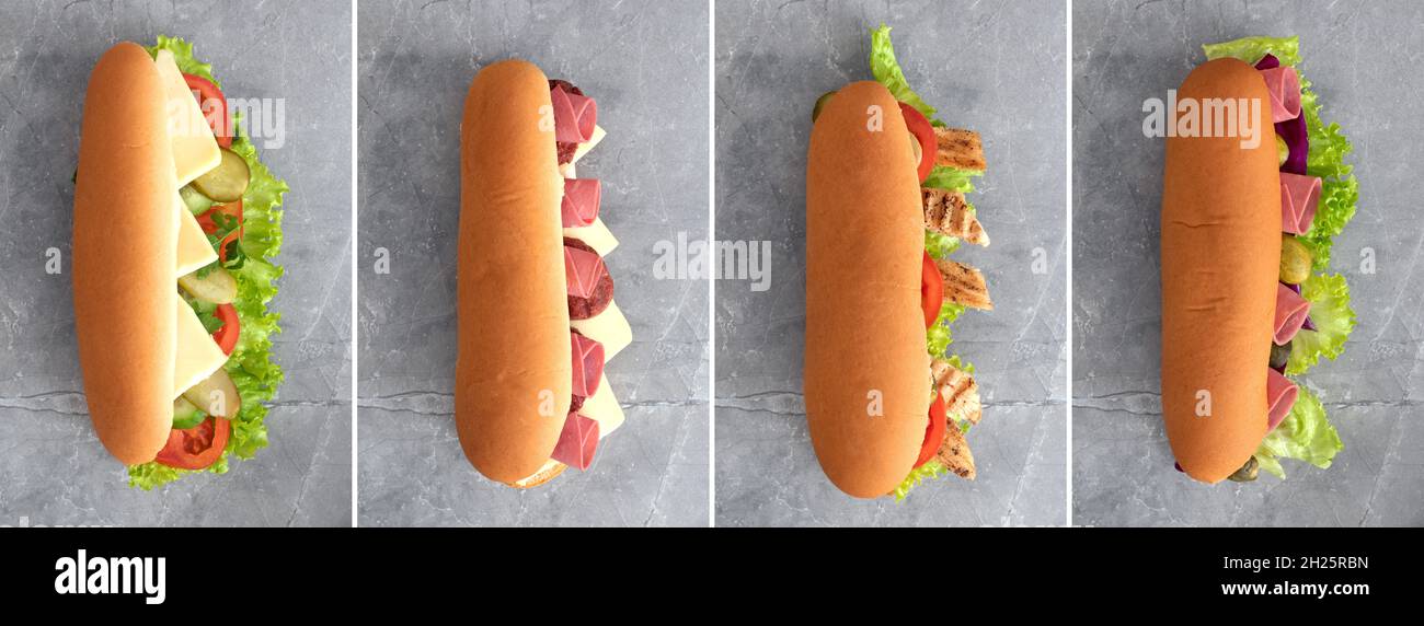 Foto dall'alto di diversi tipi di sandwich freddi. Foto Stock