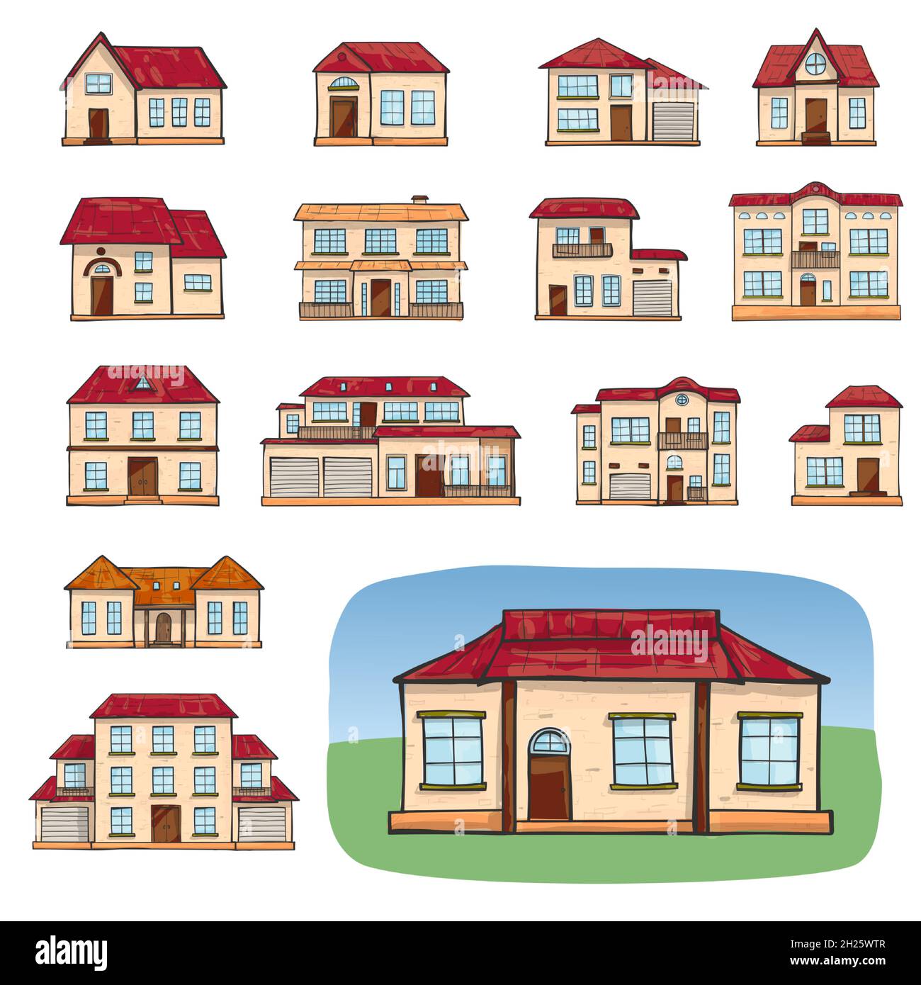 Insieme di case diverse, case singole, con giardino e garage. Illustrazione vettoriale del fumetto disegnata a mano. Doodle Home Set - Cartoon scr Illustrazione Vettoriale