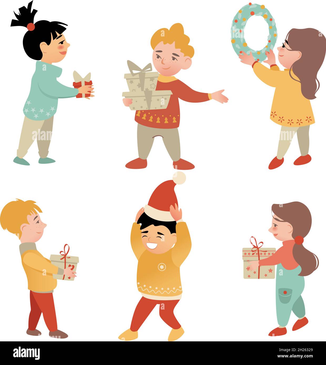 Set di Cartoon per bambini con scatole regalo di Natale Illustrazione Vettoriale