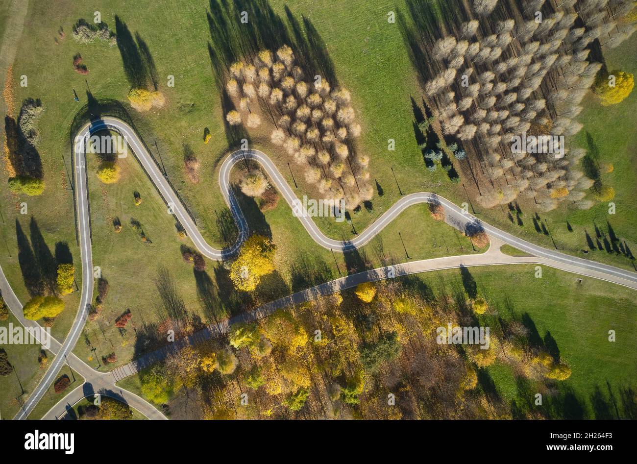 Percorso ciclabile nel parco. Concetti e background ecosistemici e ambientali sani. Foto Stock