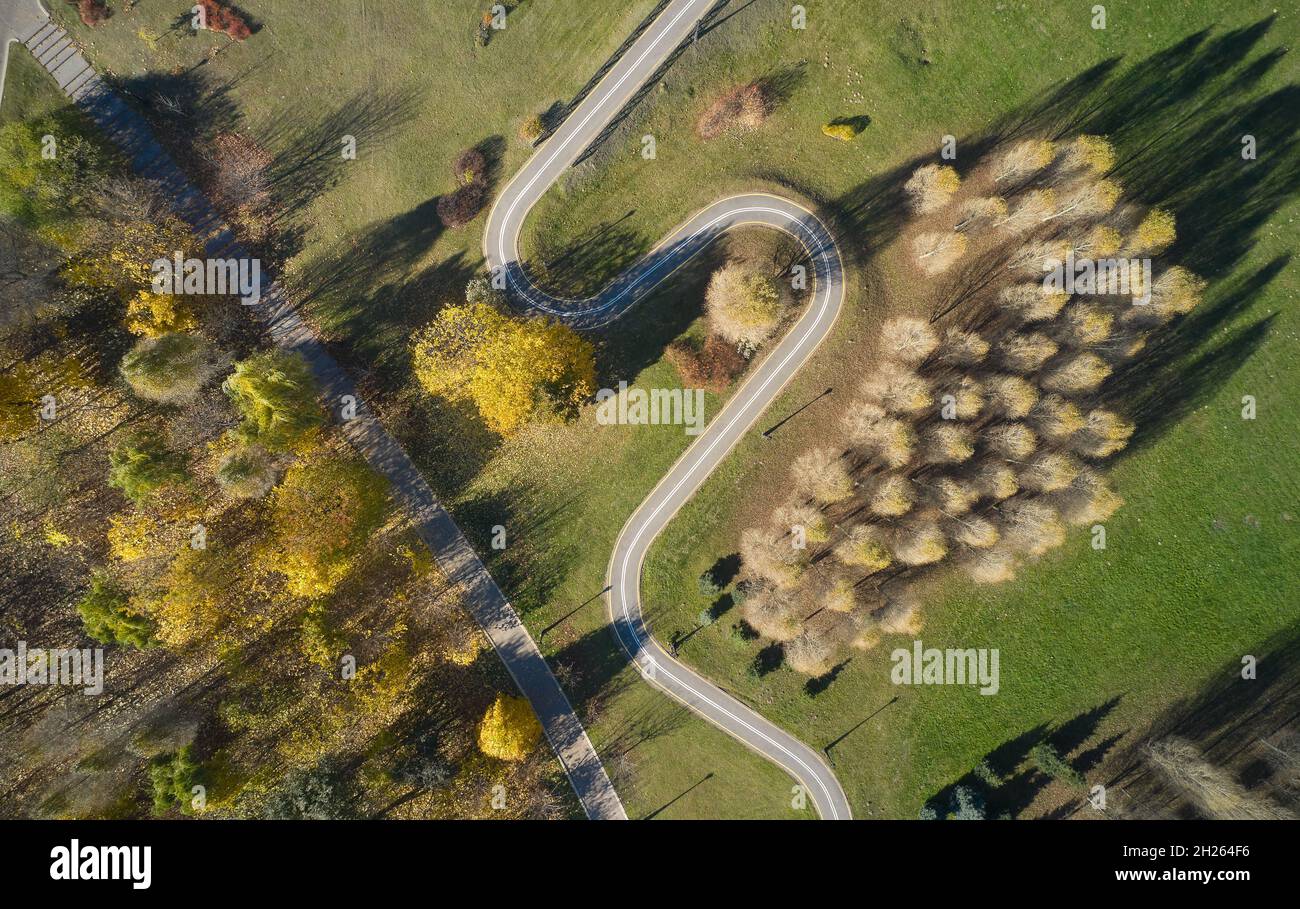 Percorso ciclabile nel parco. Concetti e background ecosistemici e ambientali sani. Foto Stock