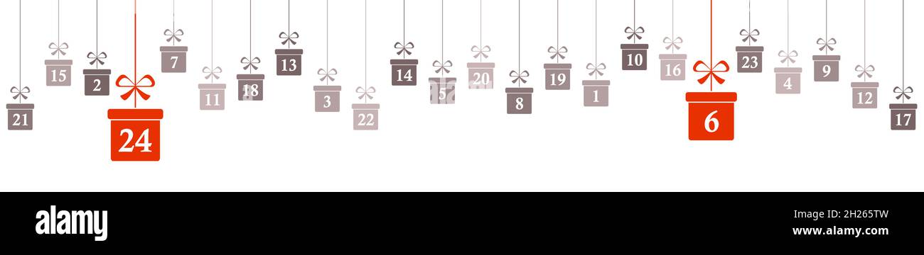 appendere regali di natale colorato grigio con i numeri da 1 a 24 mostrare il calendario dell'avvento per i concetti di natale e inverno panorama stile Illustrazione Vettoriale