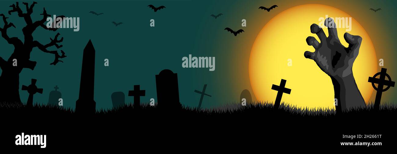 mano zombie di fronte alla luna piena con elementi spaventosi illustrati del cimitero per i layout di sfondo di Halloween Illustrazione Vettoriale