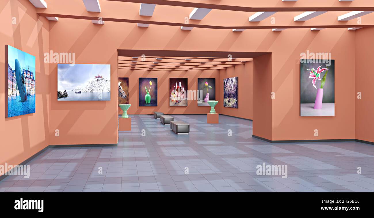 Una galleria d'arte con tela e plastica, illustrazione 3D Foto Stock