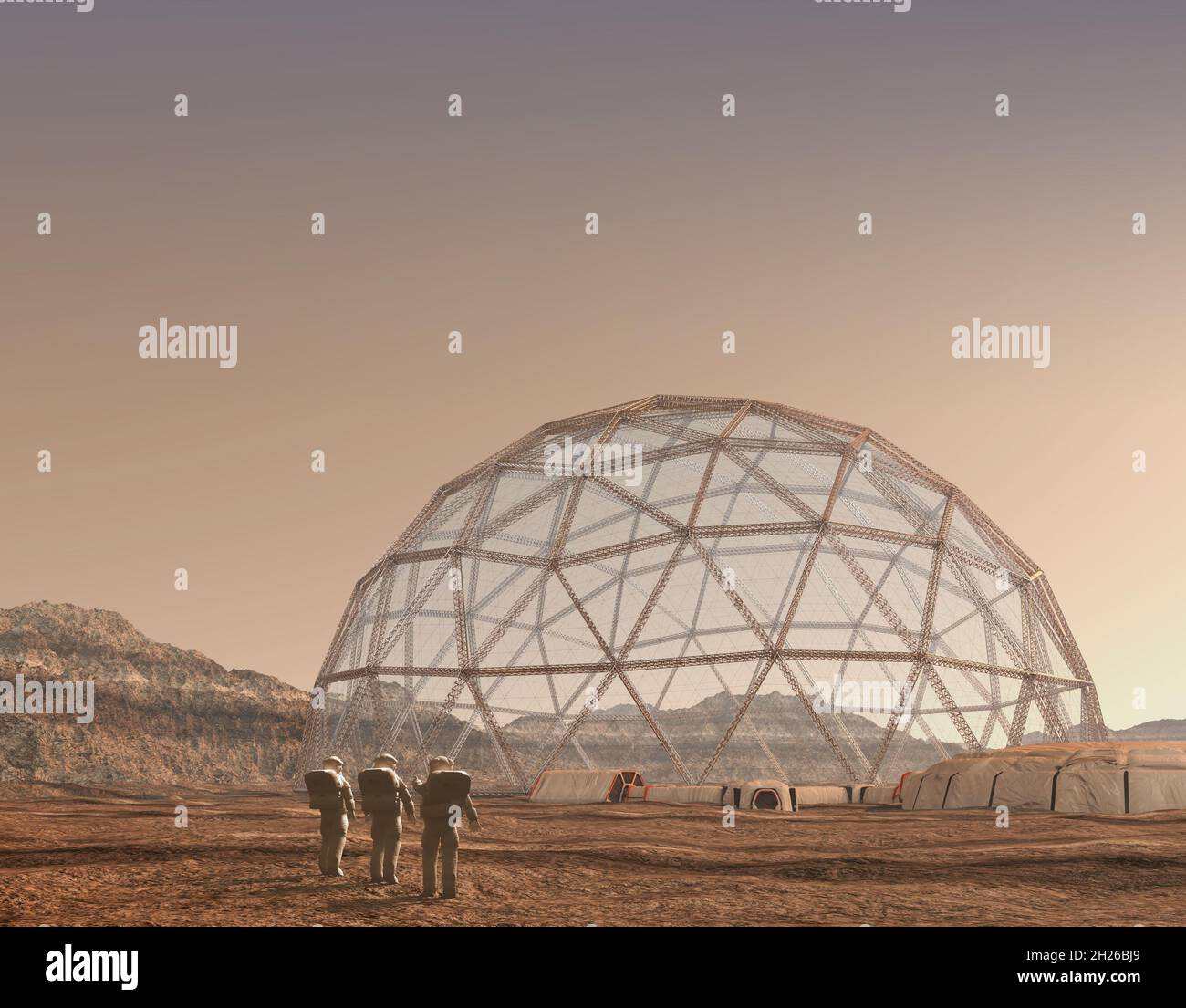 Illustrazione 3D di una colonia di avamposti di Marte con cupola geodetica e airlock di ingresso, per l'esplorazione spaziale, la terraformatura e la colonizzazione, o fic scienza Foto Stock