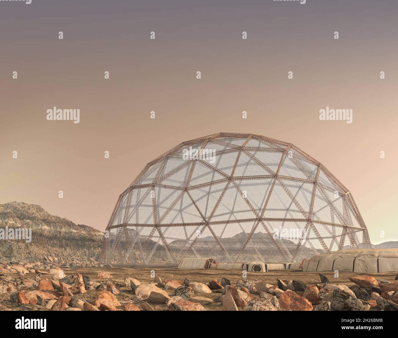 Cupola geodetica 3D e airlock di ingresso per un'illustrazione di colonia di avamposti Marte o esplorazione spaziale, terraforming e colonizzazione, o fantascienza bac Foto Stock