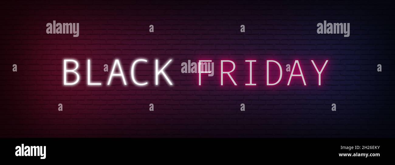 Testo del Black Friday con luce al neon su sfondo mattone. Testo al neon blu e rosso brillante per pubblicità, banner e sfondo, brochure e volantino Foto Stock