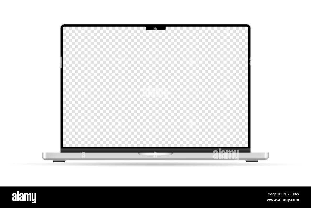Vinnytsia, Ucraina - 20 ottobre 2021: MacBook Pro portatile con schermo trasparente. Immagine simulata isolata su sfondo bianco Illustrazione Vettoriale