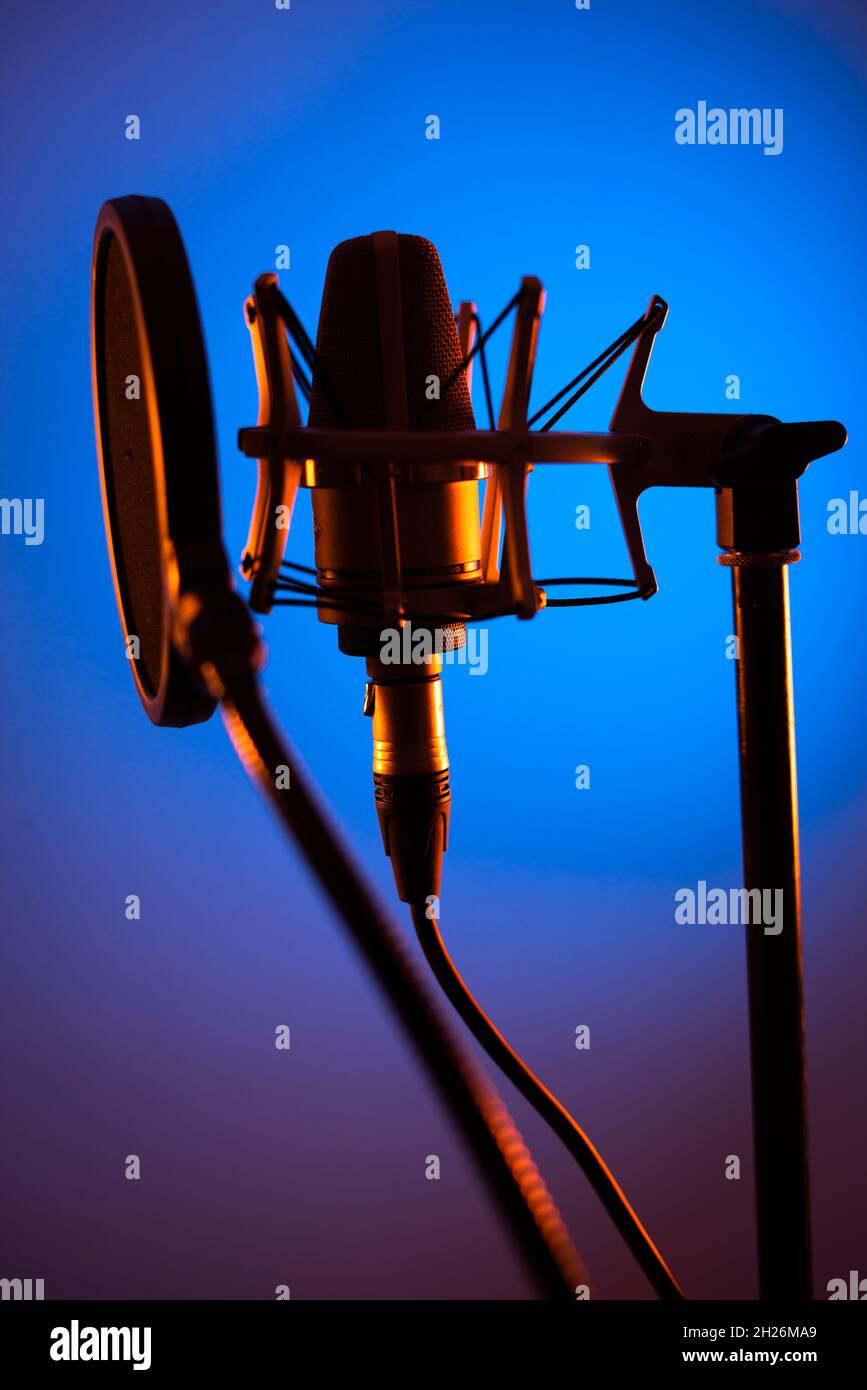 Microfono cardioide a diaframma grande in studio VoiceOver in studi professionali di registrazione vocale. Foto Stock