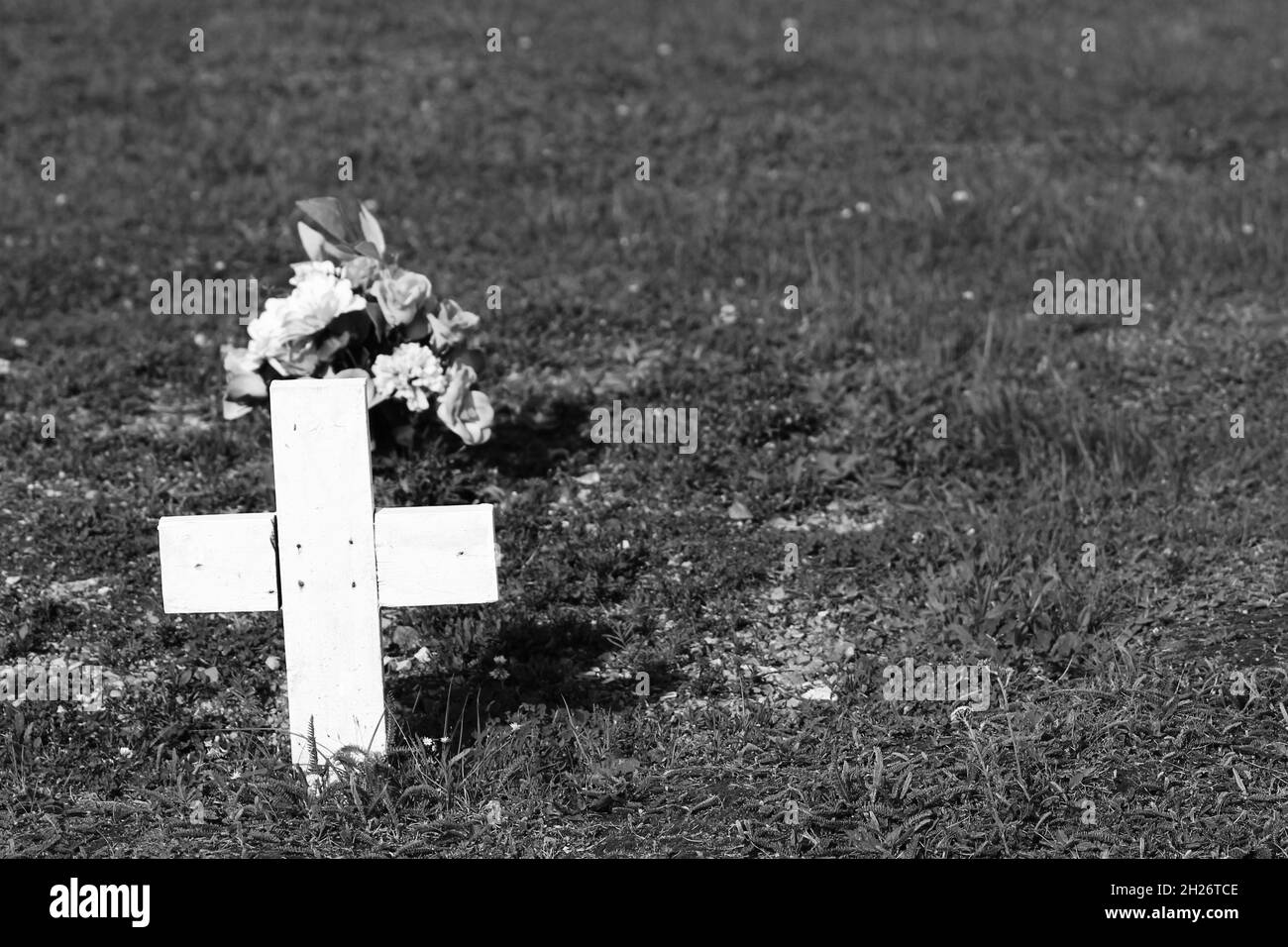Primo piano di una piccola croce di legno su una piccola tomba, con fiori. Foto Stock