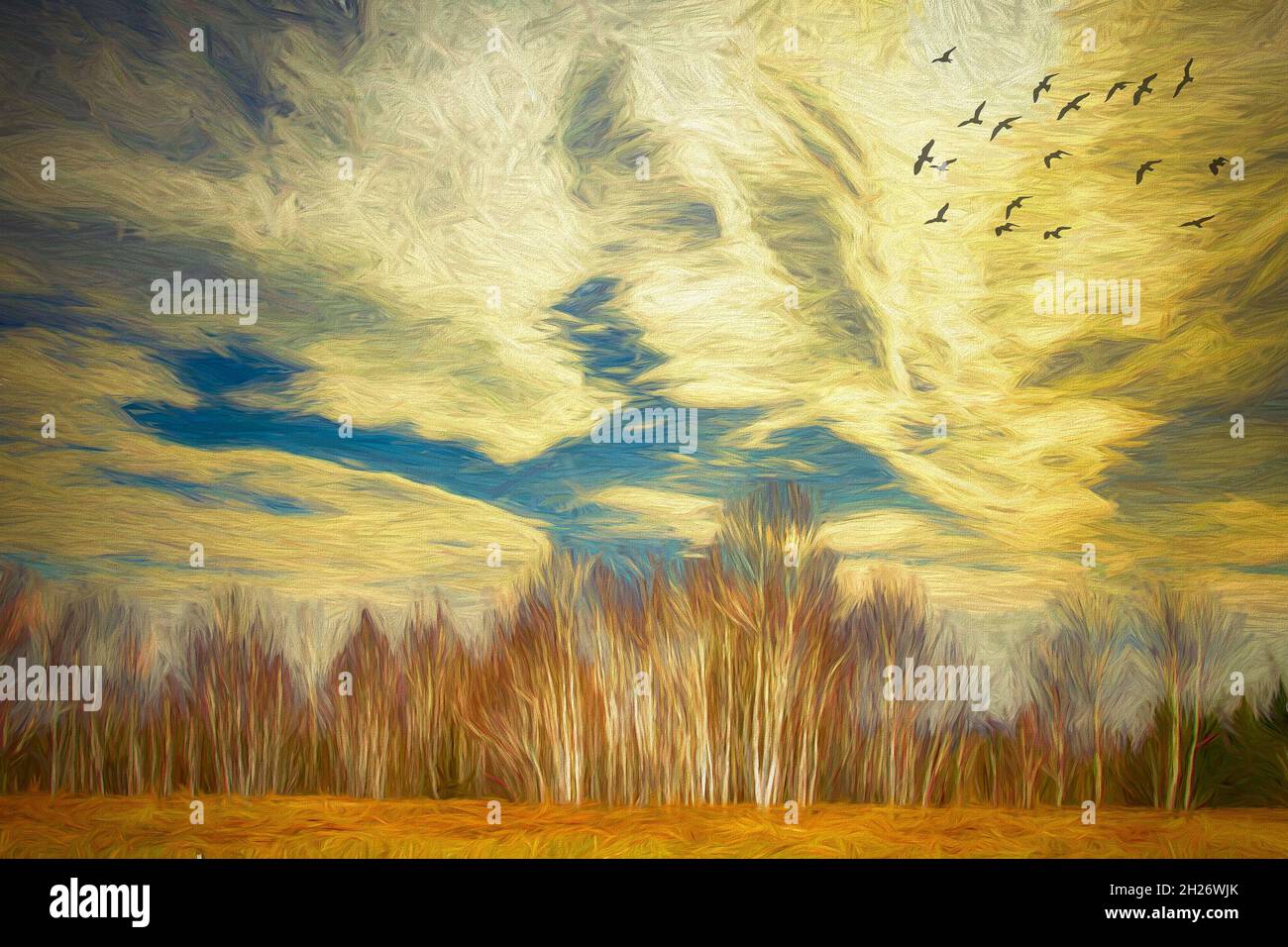 ARTE CONTEMPORANEA: Scena autunnale a Loisach Moor vicino Benediktbeuern, Oberbayern, Germania Foto Stock