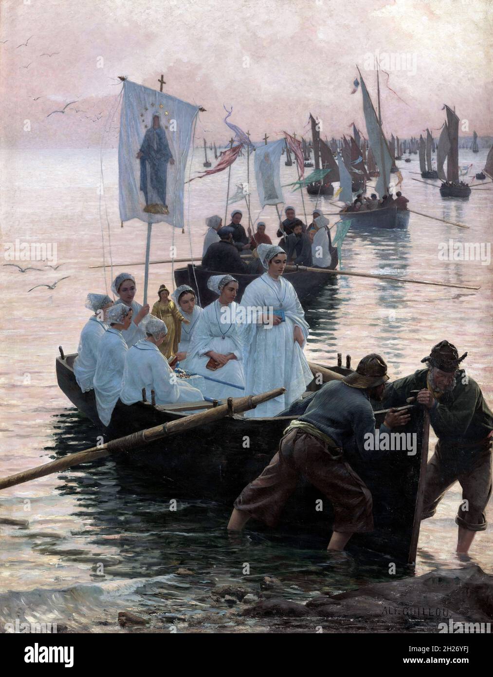Arrivée du Pardon de Sainte-Anne-de-Fouesnant à Concarneau di Alfred Guillou (1844-1926), olio su tela, 1887 Foto Stock