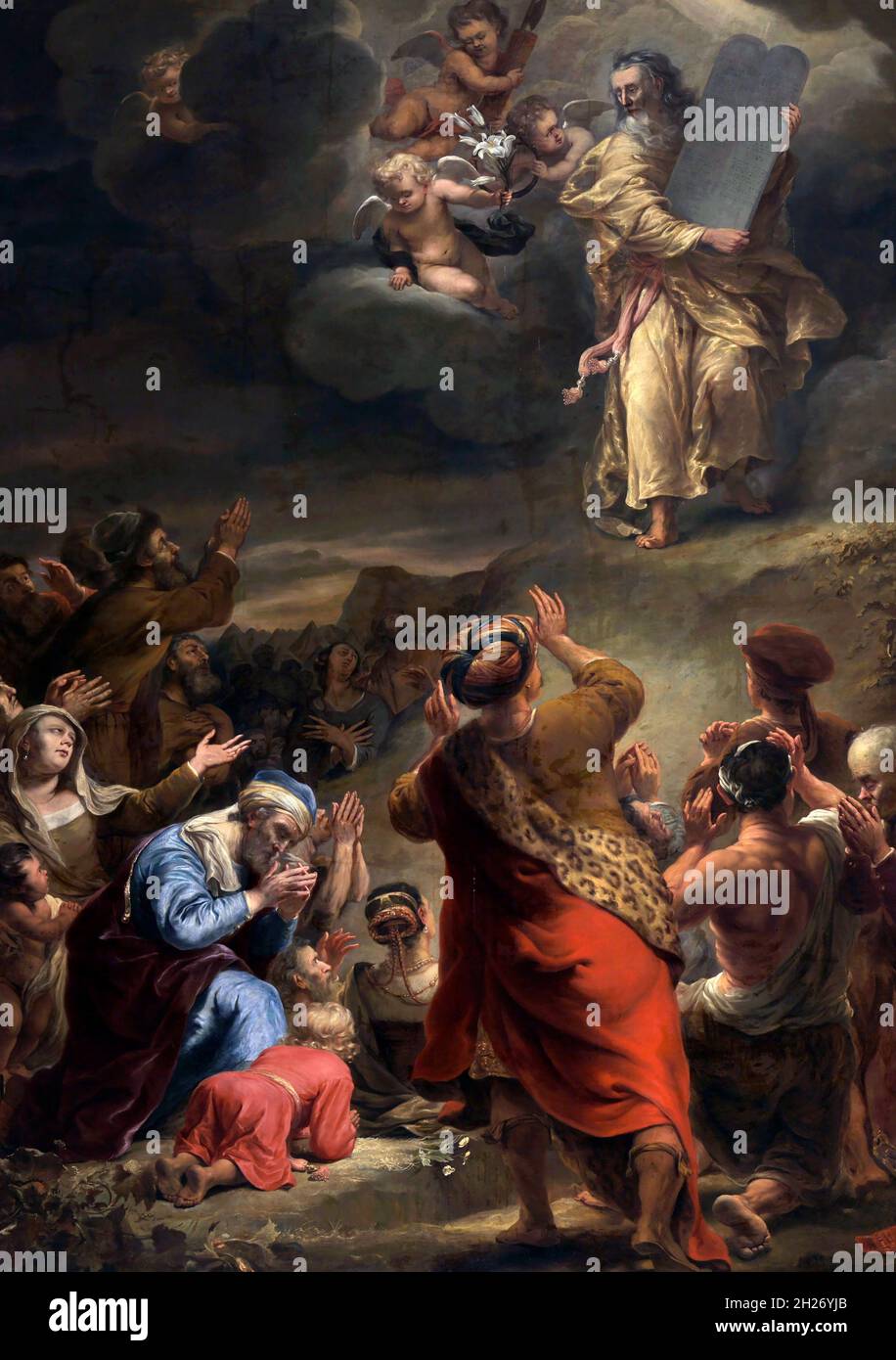 Mosè scende dal Monte Sinai con i dieci comandamenti di Ferdinando Bol (1616-1680), 1662 Foto Stock